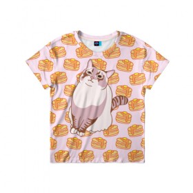 Детская футболка 3D с принтом Блины в Курске, 100% гипоаллергенный полиэфир | прямой крой, круглый вырез горловины, длина до линии бедер, чуть спущенное плечо, ткань немного тянется | Тематика изображения на принте: cat | fat | internet | meme | pancakes | блины | интернет | кот | лупс | мем