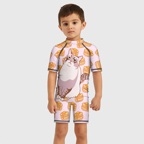 Детский купальный костюм 3D с принтом Блины в Курске, Полиэстер 85%, Спандекс 15% | застежка на молнии на спине | cat | fat | internet | meme | pancakes | блины | интернет | кот | лупс | мем