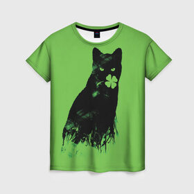 Женская футболка 3D с принтом Кот и Клевер в Курске, 100% полиэфир ( синтетическое хлопкоподобное полотно) | прямой крой, круглый вырез горловины, длина до линии бедер | cat | clover | ireland | patric saint day | день святого патрика | ирландия | клевер | кот | кошка | черная кошка