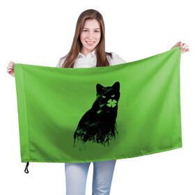 Флаг 3D с принтом Кот и Клевер в Курске, 100% полиэстер | плотность ткани — 95 г/м2, размер — 67 х 109 см. Принт наносится с одной стороны | cat | clover | ireland | patric saint day | день святого патрика | ирландия | клевер | кот | кошка | черная кошка