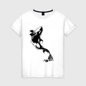Женская футболка хлопок с принтом Чернильный дельфин в Курске, 100% хлопок | прямой крой, круглый вырез горловины, длина до линии бедер, слегка спущенное плечо | блики | брызги | дельфин. животное. клякса | касатка | минимализм | пятно | чернила