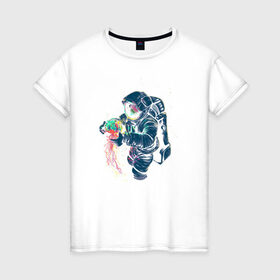 Женская футболка хлопок с принтом Космическая медуза в Курске, 100% хлопок | прямой крой, круглый вырез горловины, длина до линии бедер, слегка спущенное плечо | Тематика изображения на принте: астронавт | космонавт | космос | краски | медуза | невесомость | свет. отражение. тело | скафандр | фантастика | цвета | чудеса