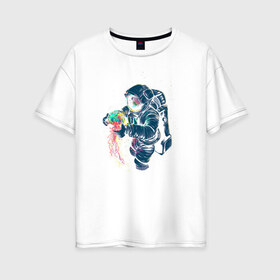 Женская футболка хлопок Oversize с принтом Космическая медуза в Курске, 100% хлопок | свободный крой, круглый ворот, спущенный рукав, длина до линии бедер
 | астронавт | космонавт | космос | краски | медуза | невесомость | свет. отражение. тело | скафандр | фантастика | цвета | чудеса