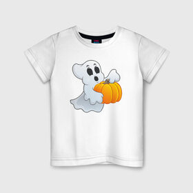 Детская футболка хлопок с принтом Привидение с тыквой в Курске, 100% хлопок | круглый вырез горловины, полуприлегающий силуэт, длина до линии бедер | halloween | тыква | хэллоуин