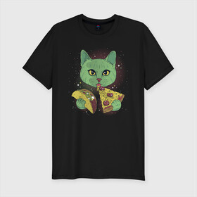 Мужская футболка хлопок Slim с принтом Кот в Космосе в Курске, 92% хлопок, 8% лайкра | приталенный силуэт, круглый вырез ворота, длина до линии бедра, короткий рукав | cat | kitty | pussycat | космический кот | космос | кот | кот с пиццей | котенок | котики | коты в космосе | котэ | кошка | полосатый