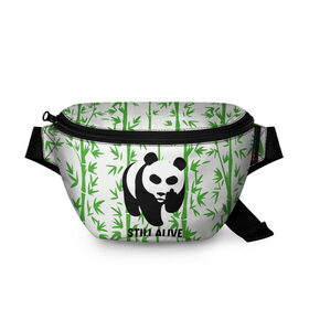 Поясная сумка 3D с принтом Still Alive в Курске, 100% полиэстер | плотная ткань, ремень с регулируемой длиной, внутри несколько карманов для мелочей, основное отделение и карман с обратной стороны сумки застегиваются на молнию | alive | bamboo | green | greenpeace | panga | peace | still | бамбук | грин | гринпис | живая | живой | зеленый | мир | панда | панды | пис