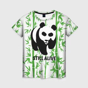 Женская футболка 3D с принтом Still Alive в Курске, 100% полиэфир ( синтетическое хлопкоподобное полотно) | прямой крой, круглый вырез горловины, длина до линии бедер | alive | bamboo | green | greenpeace | panga | peace | still | бамбук | грин | гринпис | живая | живой | зеленый | мир | панда | панды | пис