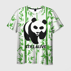 Мужская футболка 3D с принтом Still Alive в Курске, 100% полиэфир | прямой крой, круглый вырез горловины, длина до линии бедер | alive | bamboo | green | greenpeace | panga | peace | still | бамбук | грин | гринпис | живая | живой | зеленый | мир | панда | панды | пис