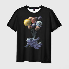 Мужская футболка 3D с принтом Космонавт на Шариках в Курске, 100% полиэфир | прямой крой, круглый вырез горловины, длина до линии бедер | Тематика изображения на принте: galaxy | planet | planets | space | spaceman | star | stars | галактика | галактики | звезда | звезды | космонавт | космос | планета | планеты | шары