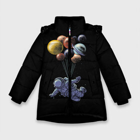 Зимняя куртка для девочек 3D с принтом Космонавт на Шариках в Курске, ткань верха — 100% полиэстер; подклад — 100% полиэстер, утеплитель — 100% полиэстер. | длина ниже бедра, удлиненная спинка, воротник стойка и отстегивающийся капюшон. Есть боковые карманы с листочкой на кнопках, утяжки по низу изделия и внутренний карман на молнии. 

Предусмотрены светоотражающий принт на спинке, радужный светоотражающий элемент на пуллере молнии и на резинке для утяжки. | Тематика изображения на принте: galaxy | planet | planets | space | spaceman | star | stars | галактика | галактики | звезда | звезды | космонавт | космос | планета | планеты | шары