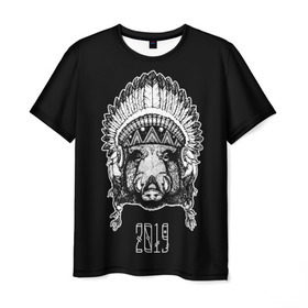 Мужская футболка 3D с принтом Кабан 2019 в Курске, 100% полиэфир | прямой крой, круглый вырез горловины, длина до линии бедер | верховный | вождь | год | голова | дикий | животные | индеец | ирокез | к | кабан | клыки | круто | лидер | лучший | мода | молодёжная | новый год | подарок | поздравление | поросенок | праздник | рисунок