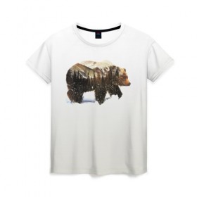 Женская футболка 3D с принтом Лесной Медведь в Курске, 100% полиэфир ( синтетическое хлопкоподобное полотно) | прямой крой, круглый вырез горловины, длина до линии бедер | bear | bears | forest | snow | tree | trees | winter | гора | горы | деревья | зима | лес | лесной | медведи | медведь | мишка | мишки | снег