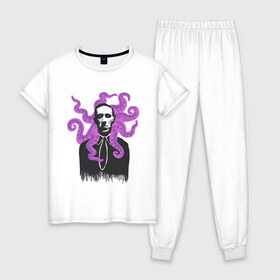 Женская пижама хлопок с принтом Лавкрафт в Курске, 100% хлопок | брюки и футболка прямого кроя, без карманов, на брюках мягкая резинка на поясе и по низу штанин | cthulhu | cthulhu fhtagn | lovecraft | ктулху