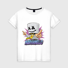 Женская футболка хлопок с принтом Marshmello в Курске, 100% хлопок | прямой крой, круглый вырез горловины, длина до линии бедер, слегка спущенное плечо | dj | marshmello | marshmelo | в маске | диджей | клубная | клубняк | маршмелло | маршмеллоу | маршмело | маршмэллоу | музыка | электронная