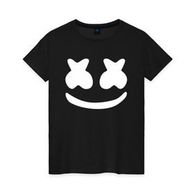Женская футболка хлопок с принтом Marshmello в Курске, 100% хлопок | прямой крой, круглый вырез горловины, длина до линии бедер, слегка спущенное плечо | dj | marshmello | marshmelo | диджей | клубная | клубняк | логотип | маршмелло | маршмеллоу | маршмело | маршмэллоу | музыка | смайлик | улыбка | электронная