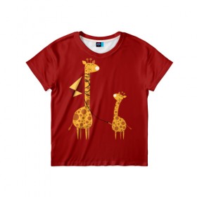 Детская футболка 3D с принтом Жираф и Жирафик в Курске, 100% гипоаллергенный полиэфир | прямой крой, круглый вырез горловины, длина до линии бедер, чуть спущенное плечо, ткань немного тянется | Тематика изображения на принте: animal | desert | giraffe | long | pattern | skin | tall | высокий | длинная | животное | животные | жираф | жирафы | змей | летучий | пустыня | узор | шея