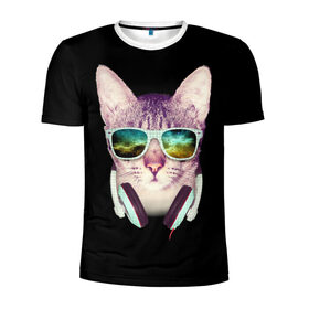 Мужская футболка 3D спортивная с принтом Кот в Наушниках в Курске, 100% полиэстер с улучшенными характеристиками | приталенный силуэт, круглая горловина, широкие плечи, сужается к линии бедра | Тематика изображения на принте: cat | cats | kitten | kitty | pussy | диджей | кот | котенок | котик | котики | коты | котята | кошка | кошки | наушники | очки