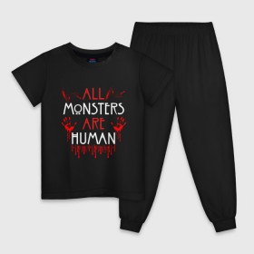 Детская пижама хлопок с принтом ALL MONSTERS ARE HUMAN в Курске, 100% хлопок |  брюки и футболка прямого кроя, без карманов, на брюках мягкая резинка на поясе и по низу штанин
 | all monsters are human | american horror story | blood | американская история ужасов | брызги | кровь | сериал | ужасы