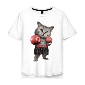 Мужская футболка хлопок Oversize с принтом Кот боксёр в Курске, 100% хлопок | свободный крой, круглый ворот, “спинка” длиннее передней части | боец | бокс | боксёр | кот | котёнок | кошак | кошка | кулак | спорт | шорты