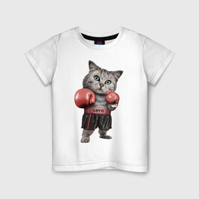 Детская футболка хлопок с принтом Кот боксёр в Курске, 100% хлопок | круглый вырез горловины, полуприлегающий силуэт, длина до линии бедер | Тематика изображения на принте: боец | бокс | боксёр | кот | котёнок | кошак | кошка | кулак | спорт | шорты