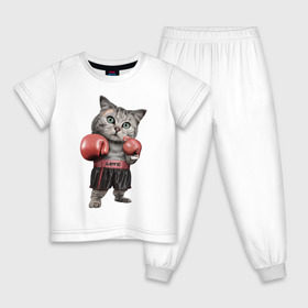 Детская пижама хлопок с принтом Кот боксёр в Курске, 100% хлопок |  брюки и футболка прямого кроя, без карманов, на брюках мягкая резинка на поясе и по низу штанин
 | боец | бокс | боксёр | кот | котёнок | кошак | кошка | кулак | спорт | шорты
