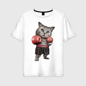 Женская футболка хлопок Oversize с принтом Кот боксёр в Курске, 100% хлопок | свободный крой, круглый ворот, спущенный рукав, длина до линии бедер
 | боец | бокс | боксёр | кот | котёнок | кошак | кошка | кулак | спорт | шорты