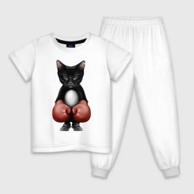 Детская пижама хлопок с принтом Котёнок боксёр в Курске, 100% хлопок |  брюки и футболка прямого кроя, без карманов, на брюках мягкая резинка на поясе и по низу штанин
 | боец | бокс | боксёр | кот | котёнок | кошак | кошка | кулак | спорт | шорты