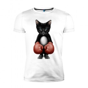 Мужская футболка премиум с принтом Котёнок боксёр в Курске, 92% хлопок, 8% лайкра | приталенный силуэт, круглый вырез ворота, длина до линии бедра, короткий рукав | боец | бокс | боксёр | кот | котёнок | кошак | кошка | кулак | спорт | шорты
