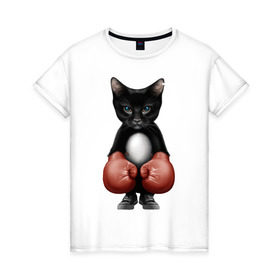 Женская футболка хлопок с принтом Котёнок боксёр в Курске, 100% хлопок | прямой крой, круглый вырез горловины, длина до линии бедер, слегка спущенное плечо | боец | бокс | боксёр | кот | котёнок | кошак | кошка | кулак | спорт | шорты