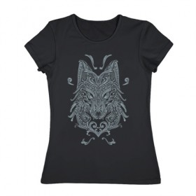 Женская футболка хлопок с принтом Узорный волк в Курске, 100% хлопок | прямой крой, круглый вырез горловины, длина до линии бедер, слегка спущенное плечо | волк | голова | животное | завитки | зверь | кружево | узорный волк | узоры | хищник