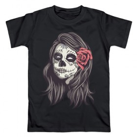 Мужская футболка хлопок с принтом Mexican girl в Курске, 100% хлопок | прямой крой, круглый вырез горловины, длина до линии бедер, слегка спущенное плечо. | девушка | зомби | мексика | паутина | роза | тату | хэллоуин | череп