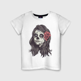 Детская футболка хлопок с принтом Mexican girl в Курске, 100% хлопок | круглый вырез горловины, полуприлегающий силуэт, длина до линии бедер | Тематика изображения на принте: девушка | зомби | мексика | паутина | роза | тату | хэллоуин | череп
