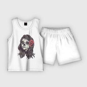 Детская пижама с шортами хлопок с принтом Mexican girl в Курске,  |  | Тематика изображения на принте: девушка | зомби | мексика | паутина | роза | тату | хэллоуин | череп