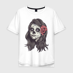 Мужская футболка хлопок Oversize с принтом Mexican girl в Курске, 100% хлопок | свободный крой, круглый ворот, “спинка” длиннее передней части | девушка | зомби | мексика | паутина | роза | тату | хэллоуин | череп