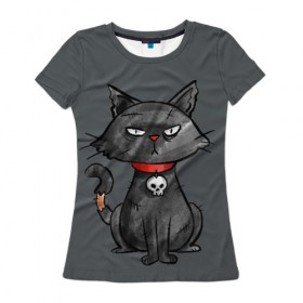 Женская футболка 3D с принтом Кот бедолага в Курске, 100% полиэфир ( синтетическое хлопкоподобное полотно) | прямой крой, круглый вырез горловины, длина до линии бедер | кот | череп | черный