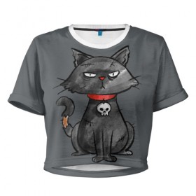 Женская футболка 3D укороченная с принтом Кот бедолага в Курске, 100% полиэстер | круглая горловина, длина футболки до линии талии, рукава с отворотами | кот | череп | черный