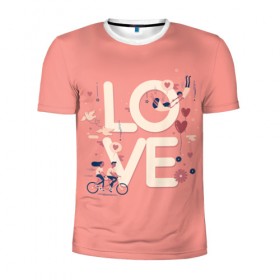 Мужская футболка 3D спортивная с принтом Любящая пара в Курске, 100% полиэстер с улучшенными характеристиками | приталенный силуэт, круглая горловина, широкие плечи, сужается к линии бедра | love | голуби | любовь | пара | птицы | сердечко | шарик