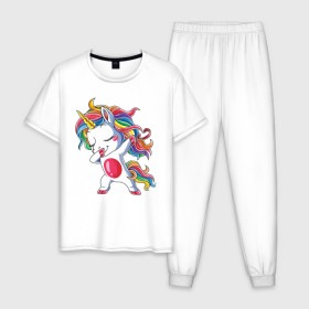 Мужская пижама хлопок с принтом Dabbing Unicorn в Курске, 100% хлопок | брюки и футболка прямого кроя, без карманов, на брюках мягкая резинка на поясе и по низу штанин
 | Тематика изображения на принте: dab | dab единорог | dabbing unicorn | unicorn | единорог радуга | краски | прикольные картинки | радуга | радужные краски | радужный единорог