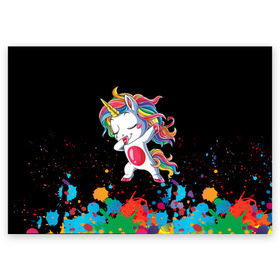 Поздравительная открытка с принтом Радужный единорог в Курске, 100% бумага | плотность бумаги 280 г/м2, матовая, на обратной стороне линовка и место для марки
 | dab | dab единорог | dabbing unicorn | unicorn | брызги красок | единорог радуга | краски | прикольные картинки | радуга | радужные краски | радужный единорог