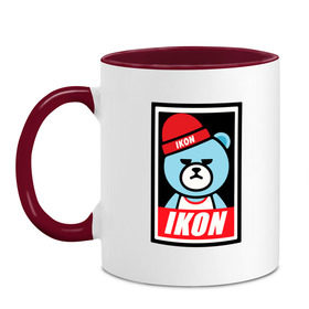 Кружка двухцветная с принтом IKON bear в Курске, керамика | объем — 330 мл, диаметр — 80 мм. Цветная ручка и кайма сверху, в некоторых цветах — вся внутренняя часть | Тематика изображения на принте: ikon | k pop | return | айкон