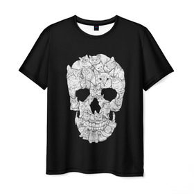 Мужская футболка 3D с принтом Sketchy Cat Skull в Курске, 100% полиэфир | прямой крой, круглый вырез горловины, длина до линии бедер | Тематика изображения на принте: 