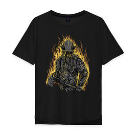Мужская футболка хлопок Oversize с принтом Пожарный в Курске, 100% хлопок | свободный крой, круглый ворот, “спинка” длиннее передней части | искры | маска | мужик | мчс | огонь | охрана | пламя | пожар | пожарные | спасатели | топор | шлем