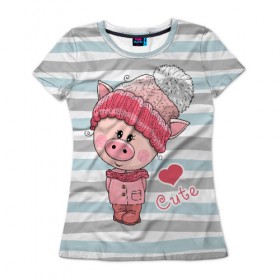 Женская футболка 3D с принтом Милая свинка в Курске, 100% полиэфир ( синтетическое хлопкоподобное полотно) | прямой крой, круглый вырез горловины, длина до линии бедер | 2019 | боров | взгляд | год | домашнее | животное | костюм | красная | милая | мода | новый год | пальто | подарок | поздравление | поросенок | праздник | рисунок | рождество | румянец | с новым годом