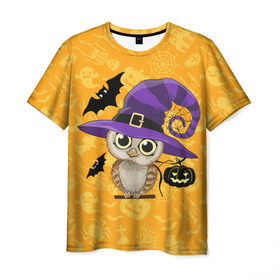 Мужская футболка 3D с принтом Совушка и хэллоуин в Курске, 100% полиэфир | прямой крой, круглый вырез горловины, длина до линии бедер | halloween | летучая мышь | подарок на хэллоуин | прикольная сова | сова | сова и хэллоуин | совушка | тыква | тыква на хэллоуин | хэллоуин