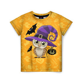 Детская футболка 3D с принтом Совушка и хэллоуин в Курске, 100% гипоаллергенный полиэфир | прямой крой, круглый вырез горловины, длина до линии бедер, чуть спущенное плечо, ткань немного тянется | halloween | летучая мышь | подарок на хэллоуин | прикольная сова | сова | сова и хэллоуин | совушка | тыква | тыква на хэллоуин | хэллоуин