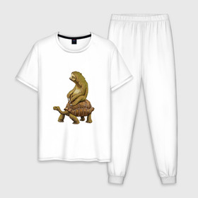 Мужская пижама хлопок с принтом Speed is Relative в Курске, 100% хлопок | брюки и футболка прямого кроя, без карманов, на брюках мягкая резинка на поясе и по низу штанин
 | ленивец | лень | медленно | медлительный | тормоз | черепаха