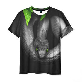 Мужская футболка 3D с принтом Змея в Курске, 100% полиэфир | прямой крой, круглый вырез горловины, длина до линии бедер | гадюка | животные | змея | листья | природа | удав | черно белое | черное и белое