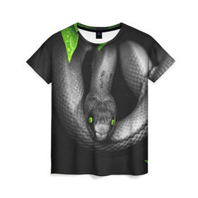 Женская футболка 3D с принтом Змея в Курске, 100% полиэфир ( синтетическое хлопкоподобное полотно) | прямой крой, круглый вырез горловины, длина до линии бедер | гадюка | животные | змея | листья | природа | удав | черно белое | черное и белое