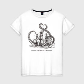 Женская футболка хлопок с принтом Кракен в Курске, 100% хлопок | прямой крой, круглый вырез горловины, длина до линии бедер, слегка спущенное плечо | корабль | кракен | монстр | море | осьминог