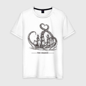 Мужская футболка хлопок с принтом Кракен в Курске, 100% хлопок | прямой крой, круглый вырез горловины, длина до линии бедер, слегка спущенное плечо. | корабль | кракен | монстр | море | осьминог